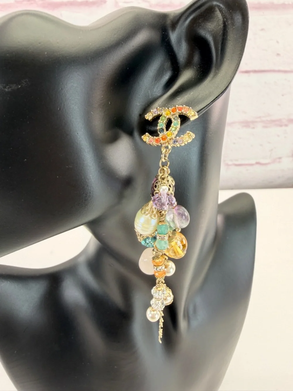 CHANEL Rainbow Strass Multi Stone Gold-Tone CC Drop Dangle Earrings